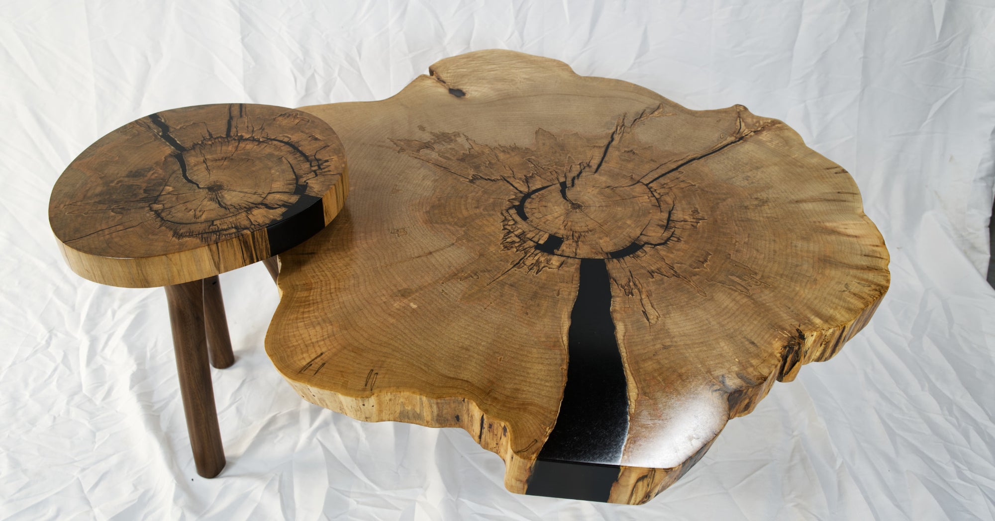 Silver maple cross section coffee table with matching nesting table. Lightwood Designs, custom woodworking, home décor, office décor, gift, wedding gift, anniversary gift, custom engraving, Elora, Ontario, Handmade, Local
