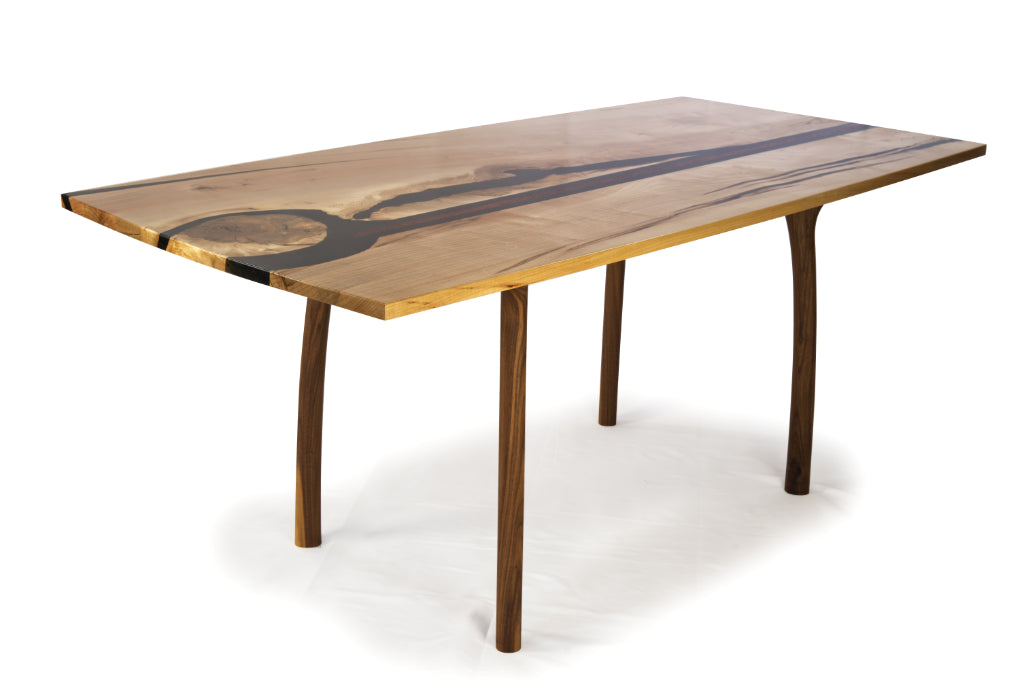 Silver maple, African Padauk and epoxy dining table with modern black walnut legs. Subtle curved edges. Lightwood Designs, custom woodworking, home décor, office décor, gift, wedding gift, anniversary gift, custom engraving, Elora, Ontario, Handmade,Local