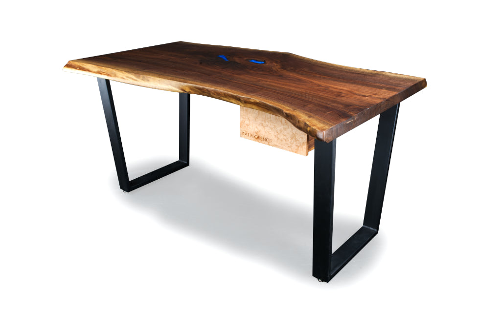Massive black walnut slab desk with epoxy highlights. Custom Drawer and metal legs. 