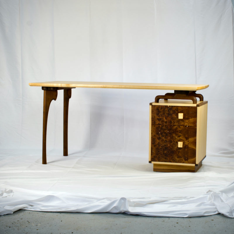 Handmade desk from maple and black walnut featuring a veneered walnut burl faced cabinet. Lightwood Designs.  custom woodworking, home décor, office décor, gift, wedding gift, anniversary gift, custom engraving, Elora, Ontario, Handmade   