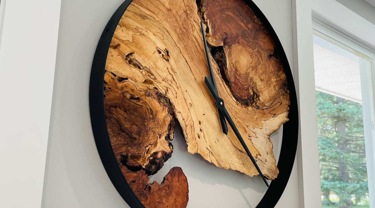 Maple burl, Handmade clock, Lightwood Designs, custom woodworking, home décor, office décor, gift, wedding gift, anniversary gift, custom engraving, Elora, Ontario, Handmade, Local