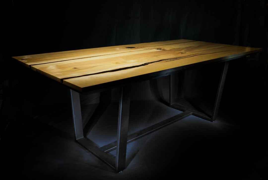 Ambrosia silver maple dining. Lightwood Designs, custom woodworking, home décor, office décor, gift, wedding gift, anniversary gift, custom engraving, Elora, Ontario, Handmade, Local table with epoxy resin custom made handmade flat black metal base. 