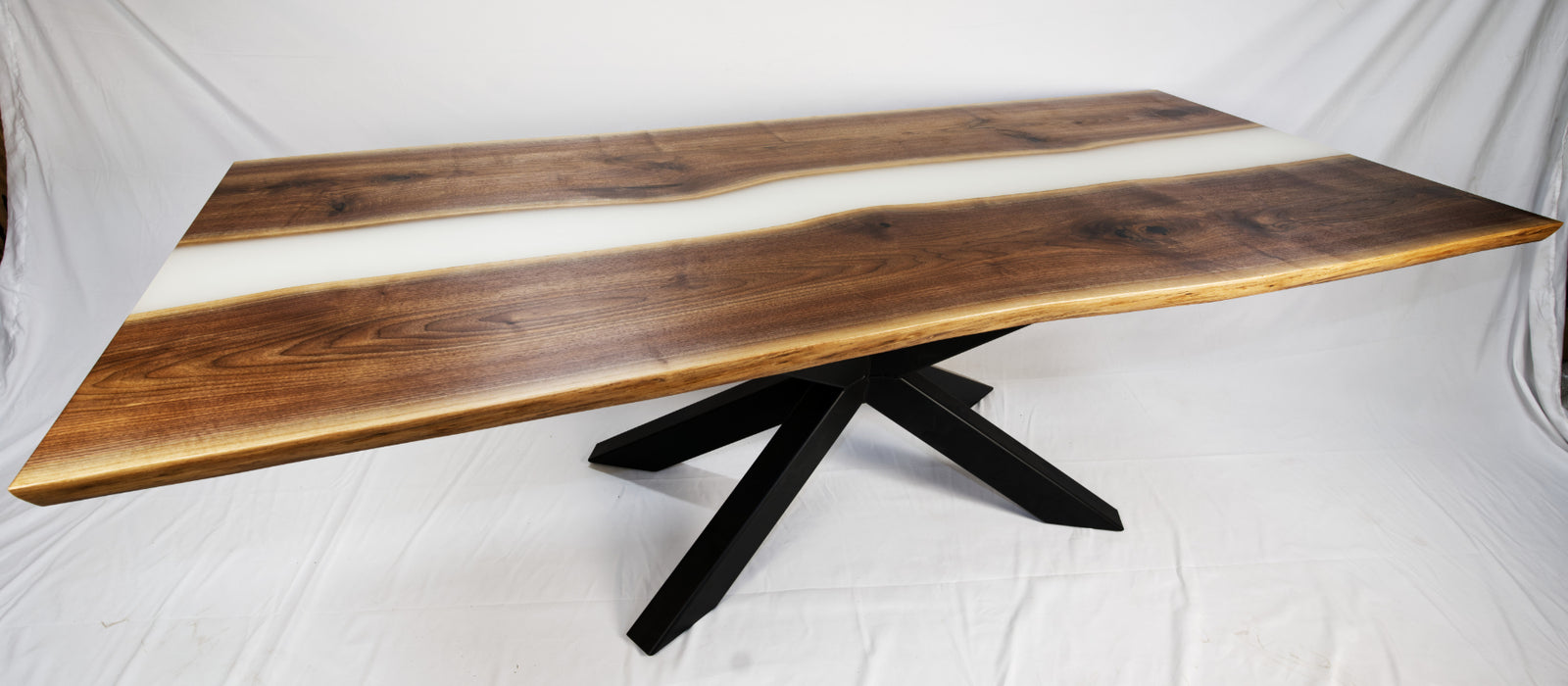 Black walnut, epoxy river dining table. Metal Hedgehog base, Lightwood Designs, custom woodworking, home décor, office décor, gift, wedding gift, anniversary gift, custom engraving, Elora, Ontario, Handmade, Local